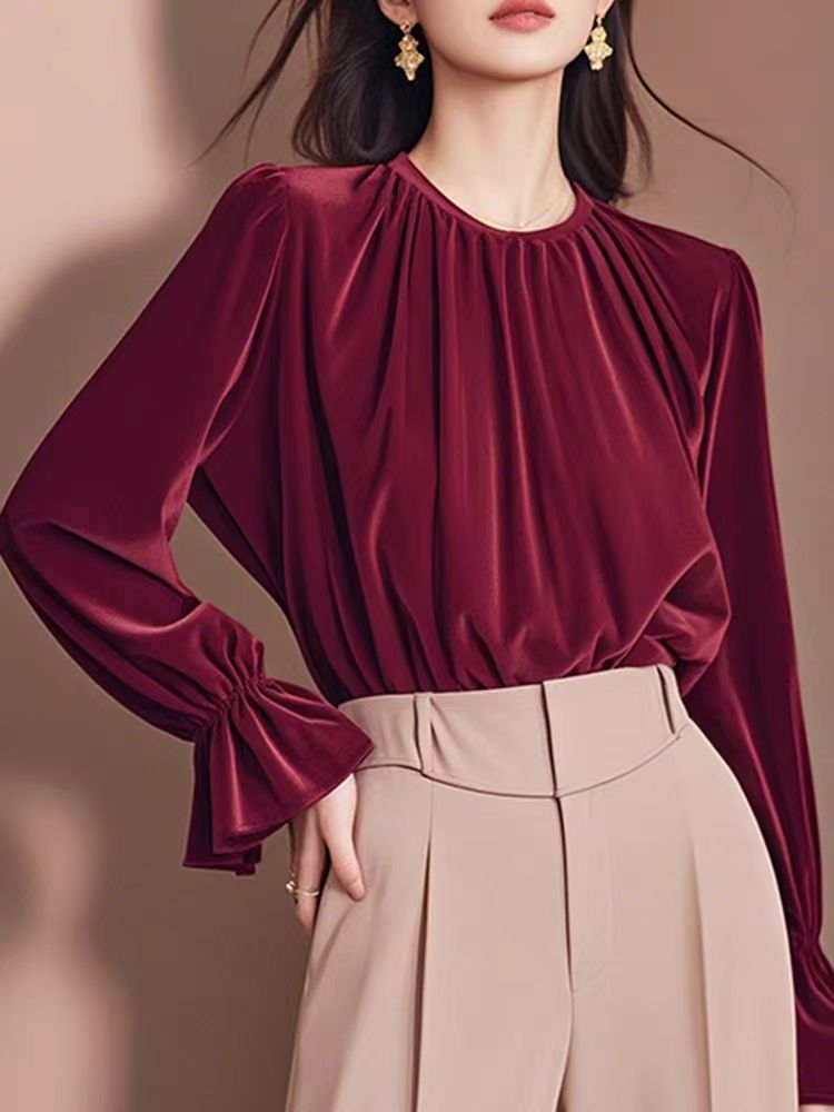 Wine-red small shirt autumn and winter shirt for women