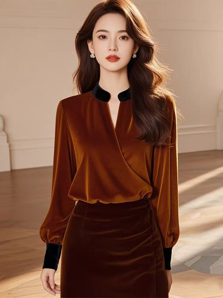 Winter temperament light luxury France style velvet shirt