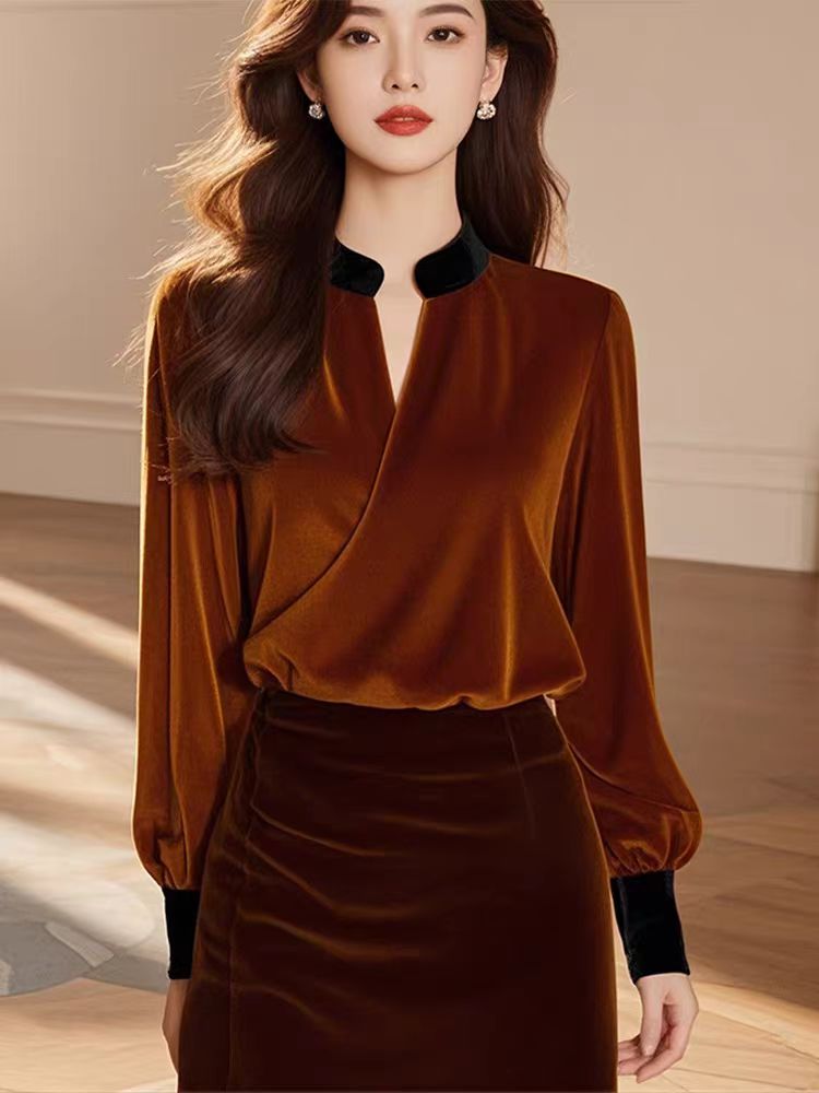 Winter temperament light luxury France style velvet shirt