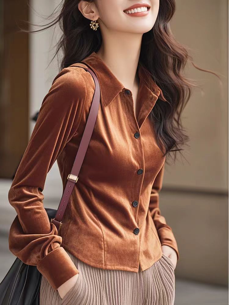 Western style temperament unique tops winter velvet shirt