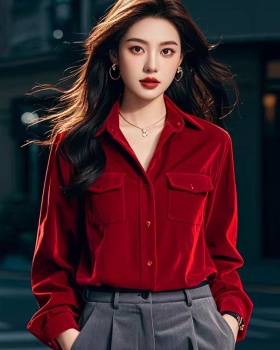 Light luxury thick tops red long sleeve shirt for women