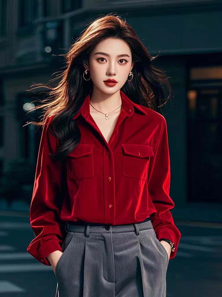 Light luxury thick tops red long sleeve shirt for women