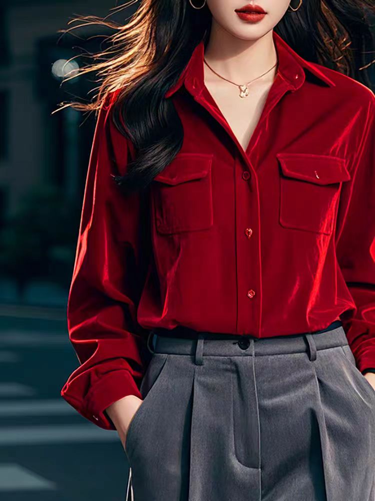 Light luxury thick tops red long sleeve shirt for women