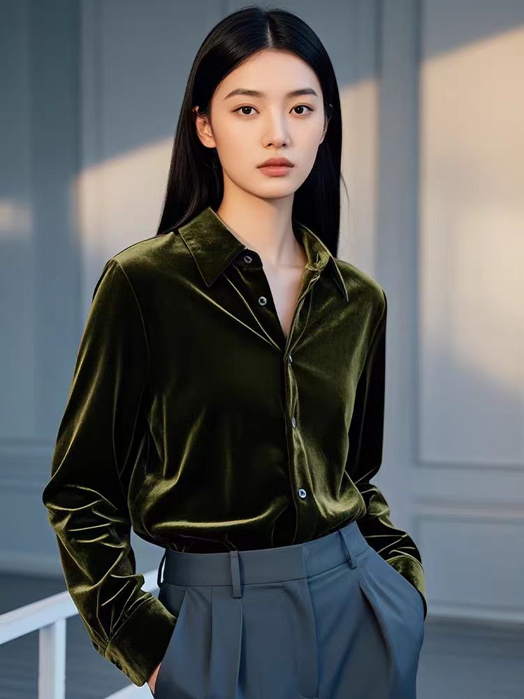 Light luxury velvet shirt green retro tops for women