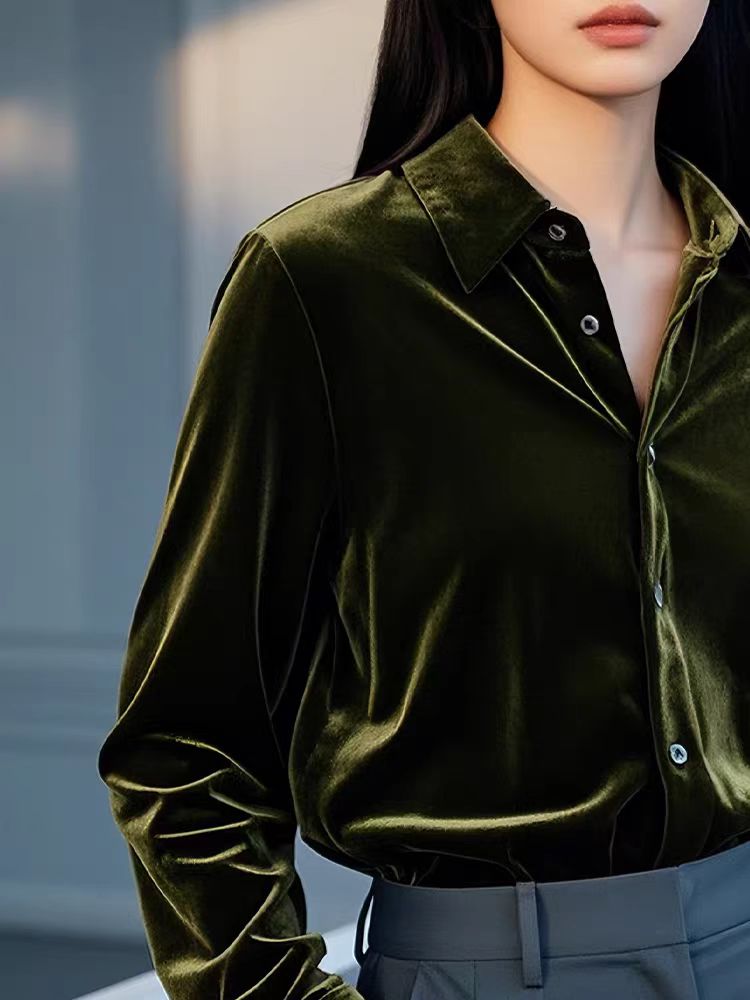 Light luxury velvet shirt green retro tops for women