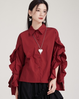 Slim loose niche splice zip lotus sleeve shirt for women