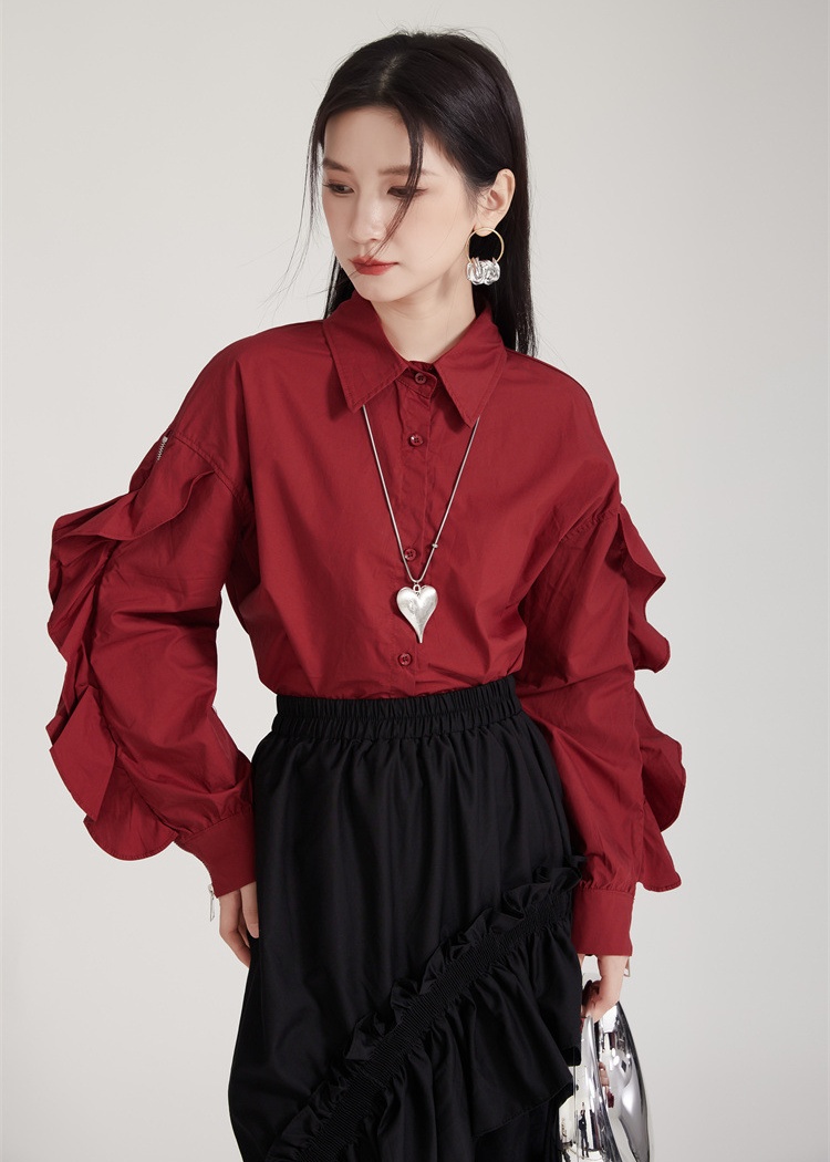 Slim loose niche splice zip lotus sleeve shirt for women