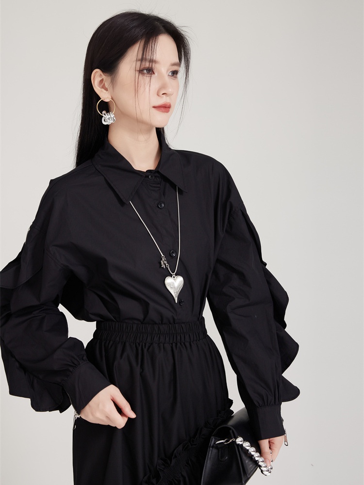 Slim loose niche splice zip lotus sleeve shirt for women