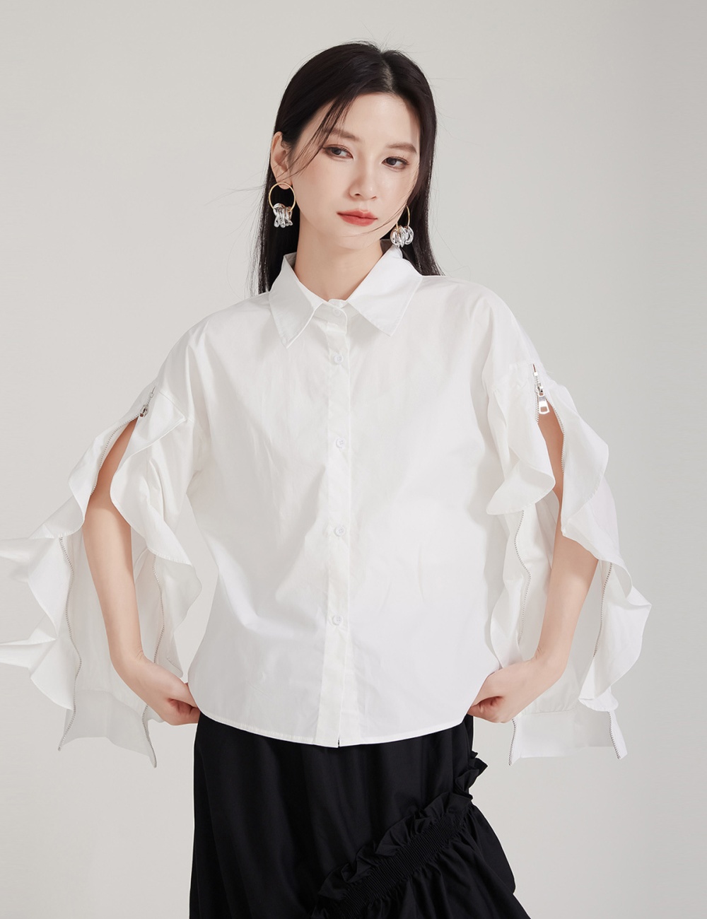 Slim loose niche splice zip lotus sleeve shirt for women