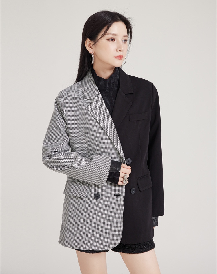 Plaid loose coat splice temperament business suit for women