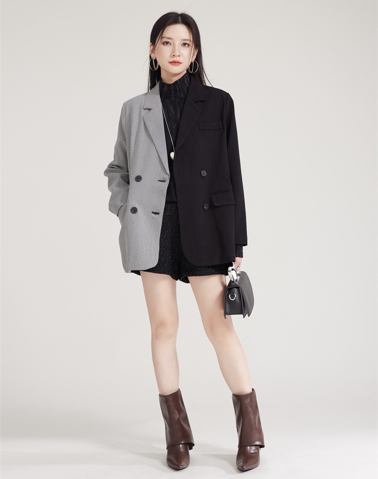 Plaid loose coat splice temperament business suit for women