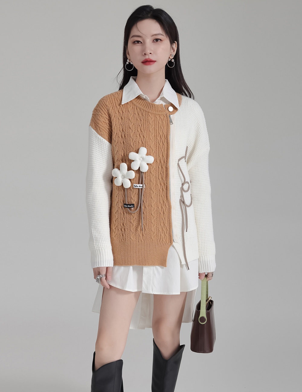 Niche flowers mixed colors cardigan zip autumn tops