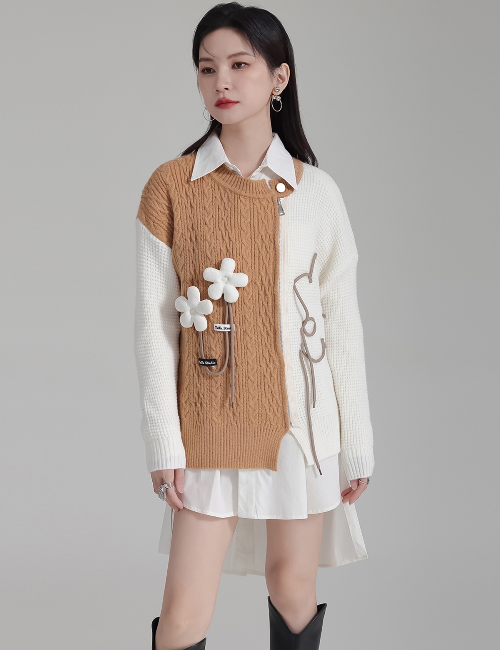 Niche flowers mixed colors cardigan zip autumn tops