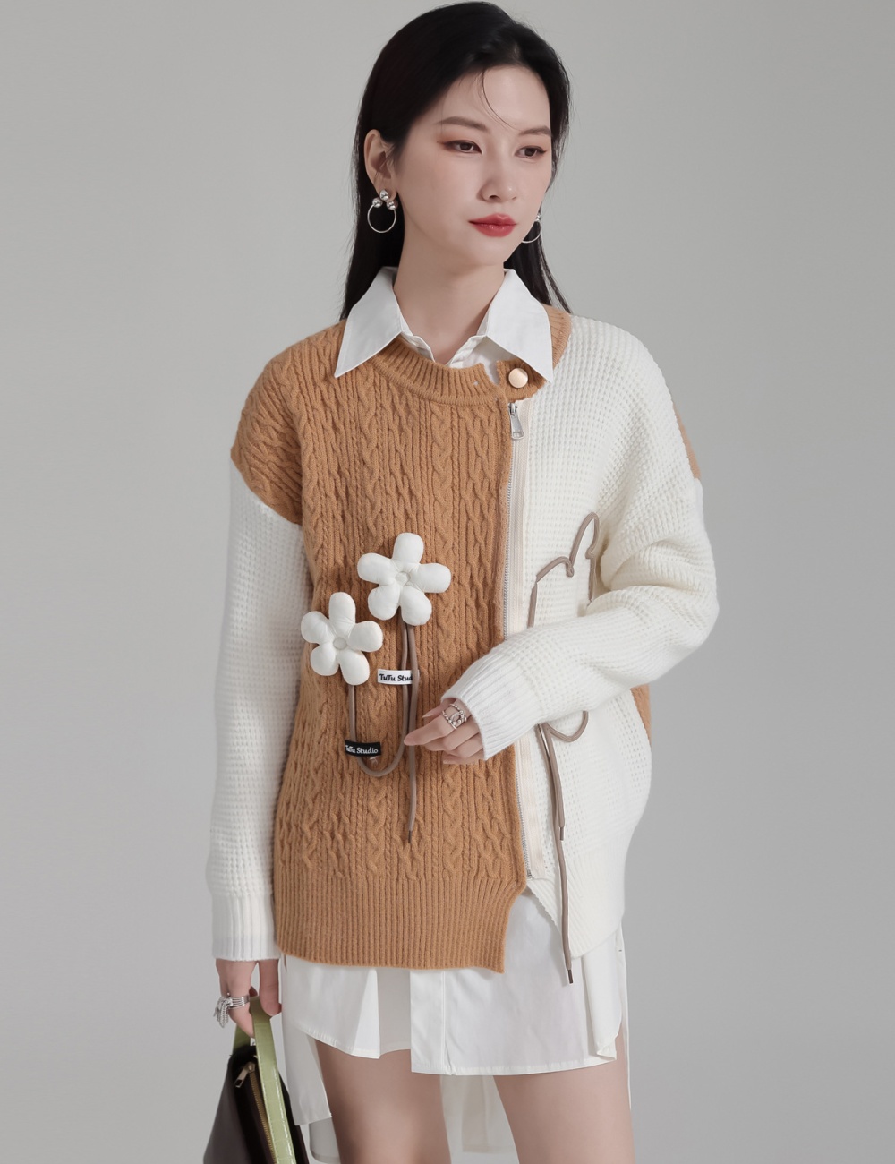 Niche flowers mixed colors cardigan zip autumn tops