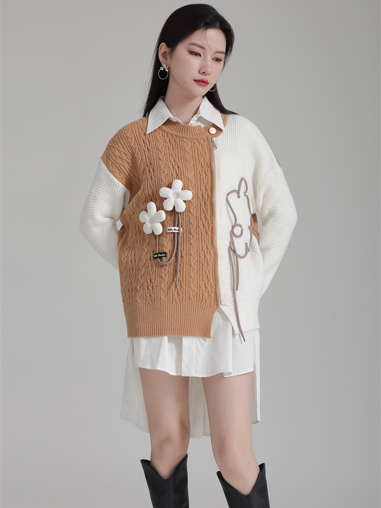 Niche flowers mixed colors cardigan zip autumn tops