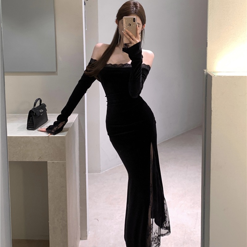 Lace splice long dress package hip dress