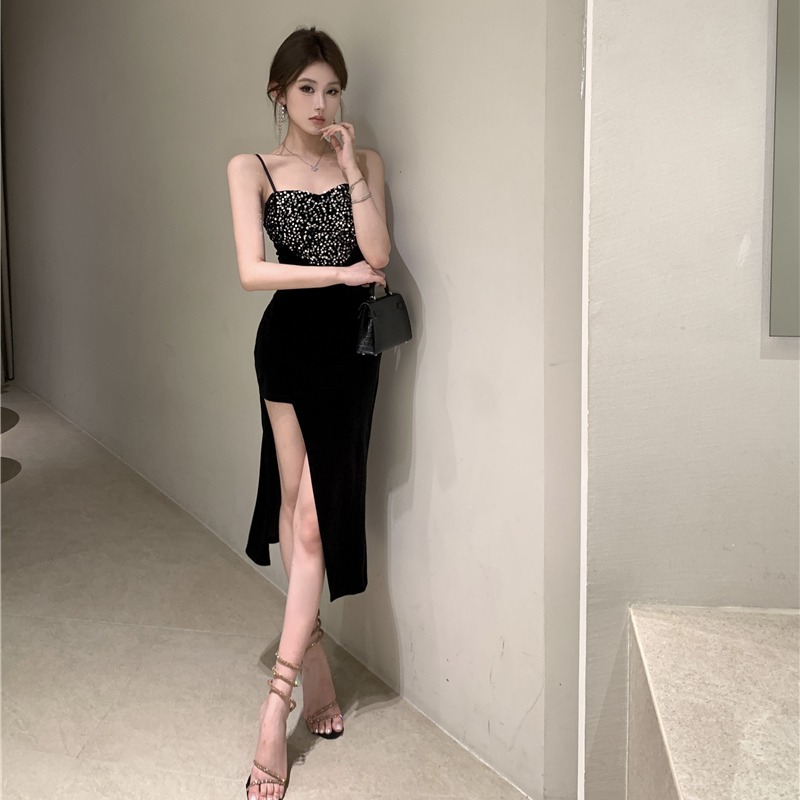 Irregular slim little sexy enticement velvet bottoming dress