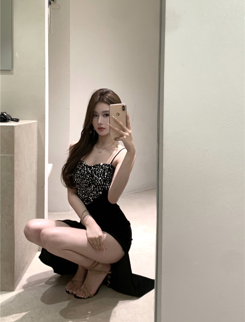 Irregular slim little sexy enticement velvet bottoming dress