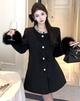 Clip cotton long coat chanelstyle beading woolen coat