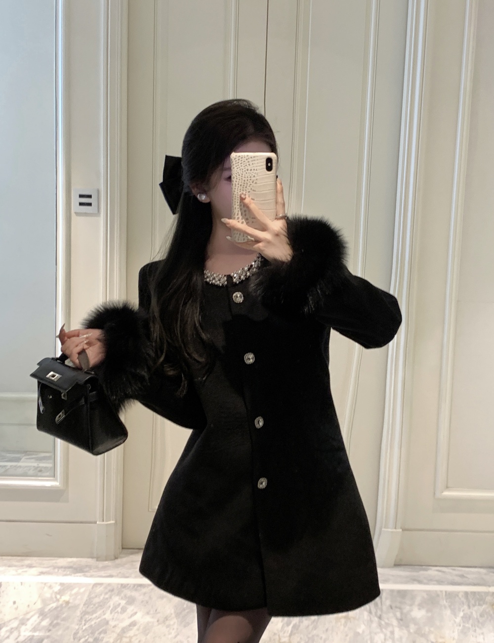 Clip cotton long coat chanelstyle beading woolen coat