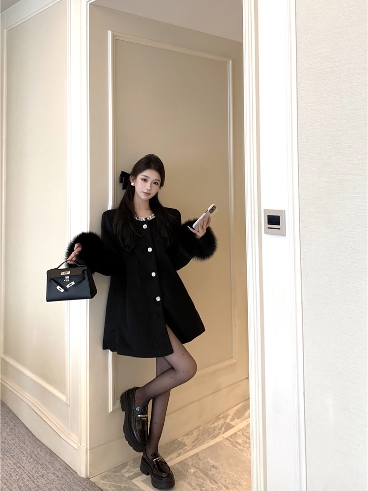 Clip cotton long coat chanelstyle beading woolen coat