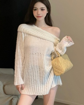 Hollow long sleeve tops pullover flat shoulder sweater