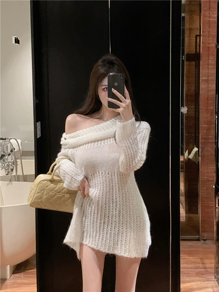 Hollow long sleeve tops pullover flat shoulder sweater