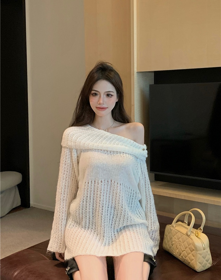 Hollow long sleeve tops pullover flat shoulder sweater