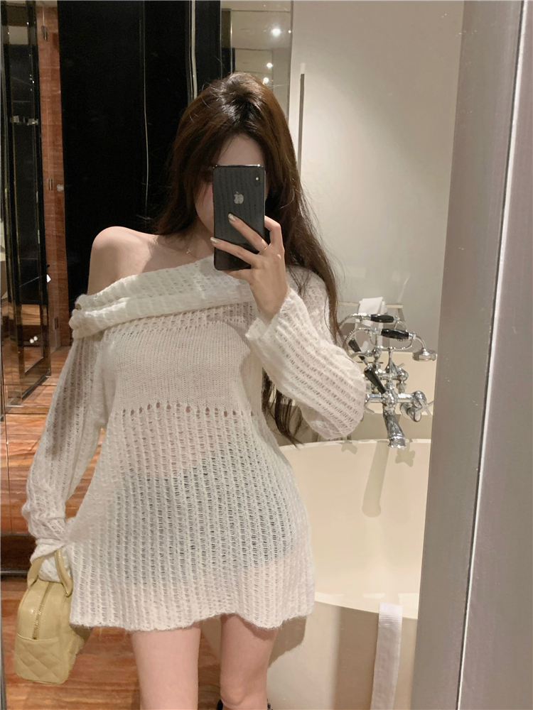 Hollow long sleeve tops pullover flat shoulder sweater