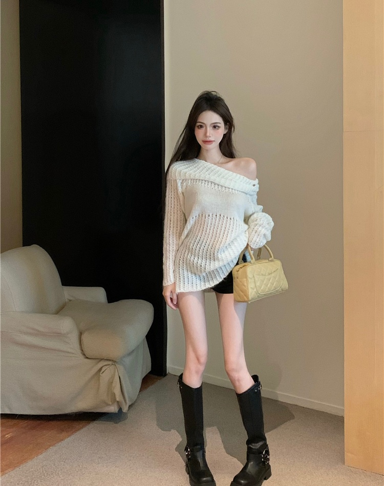 Hollow long sleeve tops pullover flat shoulder sweater