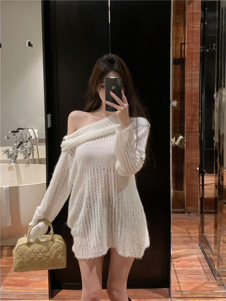 Hollow long sleeve tops pullover flat shoulder sweater