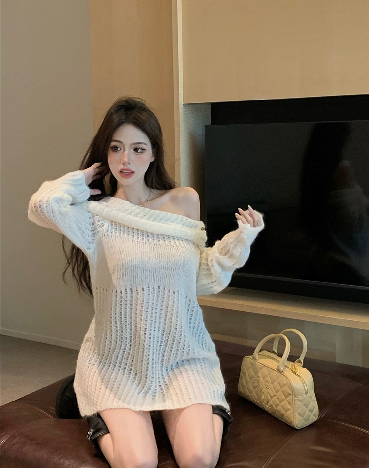 Hollow long sleeve tops pullover flat shoulder sweater