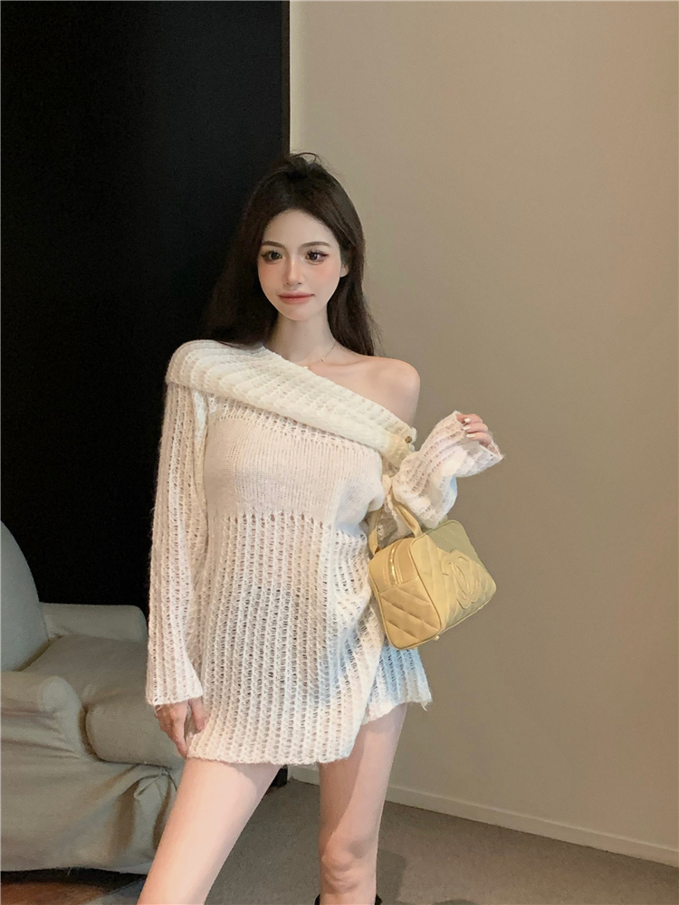 Hollow long sleeve tops pullover flat shoulder sweater