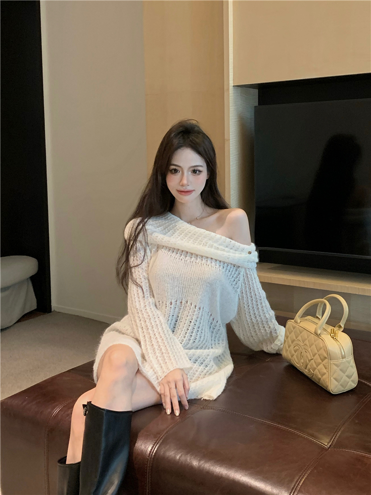 Hollow long sleeve tops pullover flat shoulder sweater