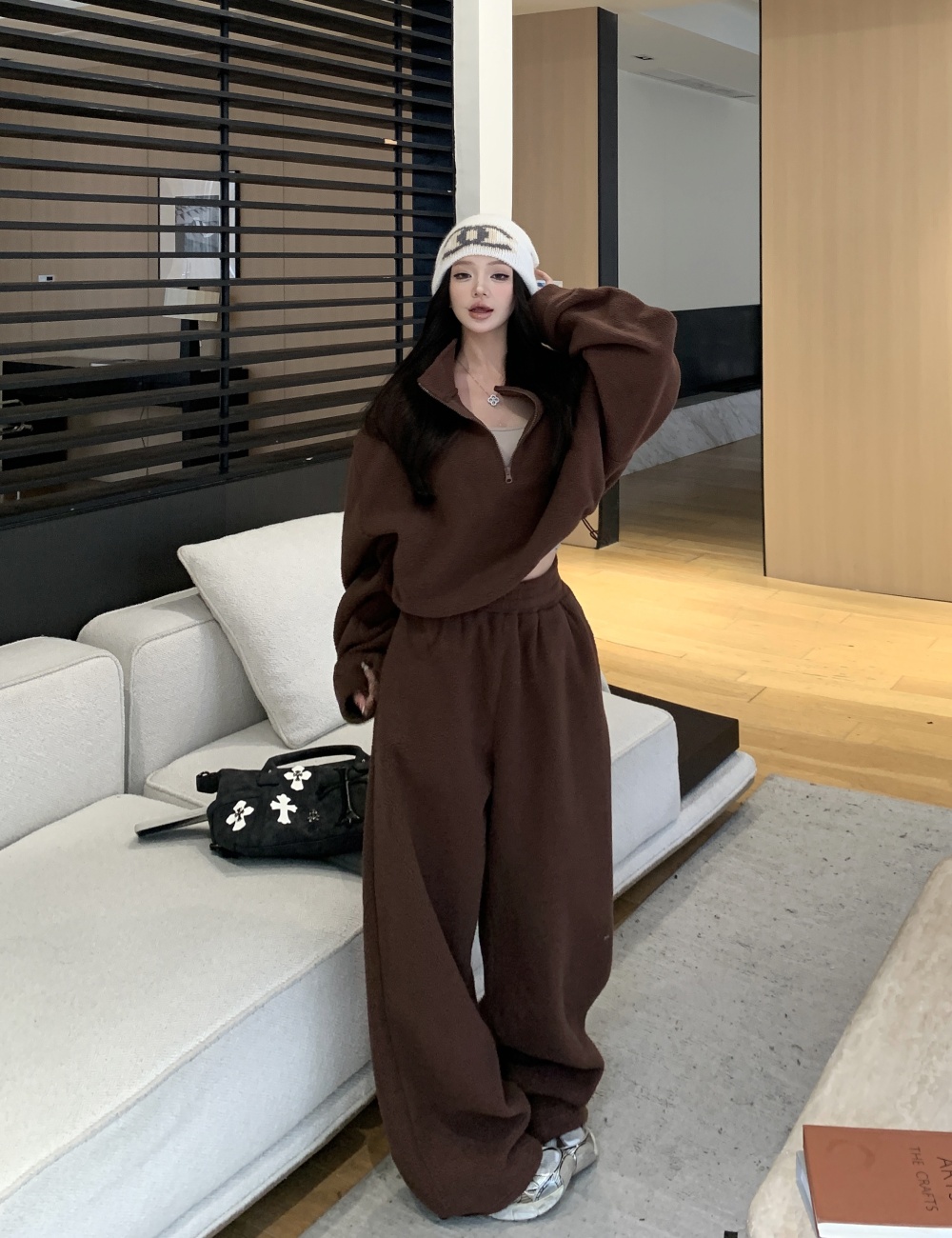 Thick fleece sweatpants lazy hoodie a set for women