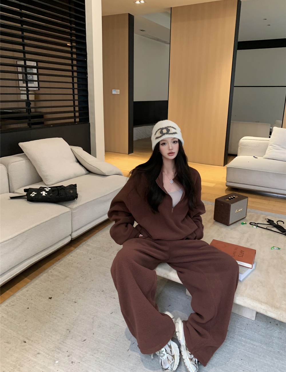 Thick fleece sweatpants lazy hoodie a set for women