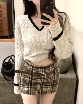 Mixed colors sweater plaid tops 2pcs set for women