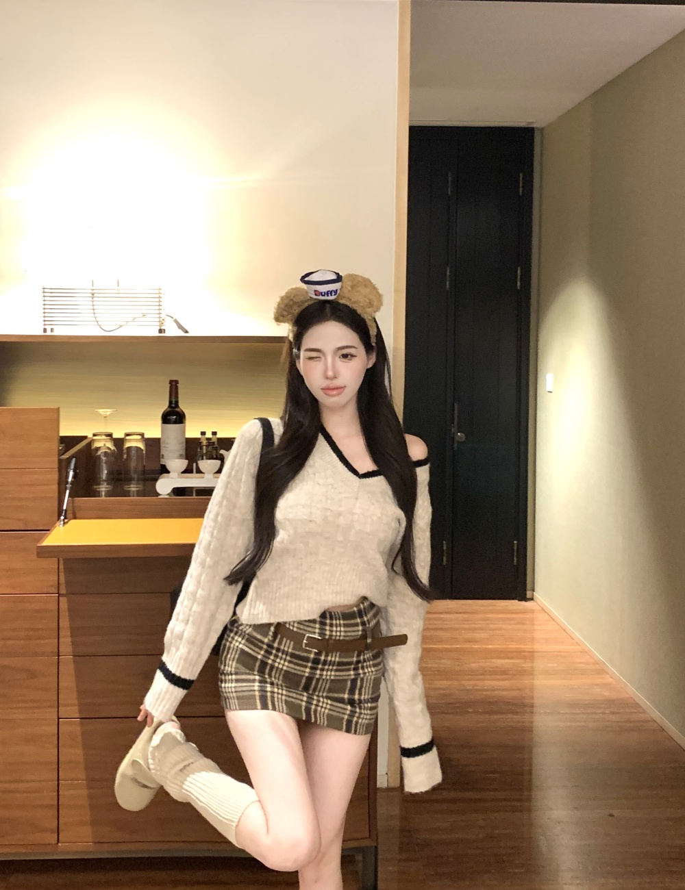 Mixed colors sweater plaid tops 2pcs set for women