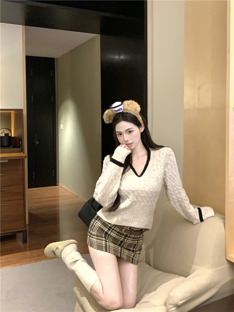 Mixed colors sweater plaid tops 2pcs set for women