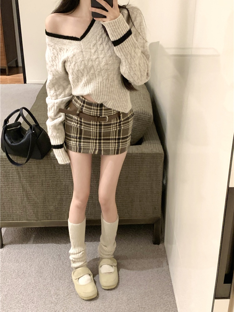 Mixed colors sweater plaid tops 2pcs set for women