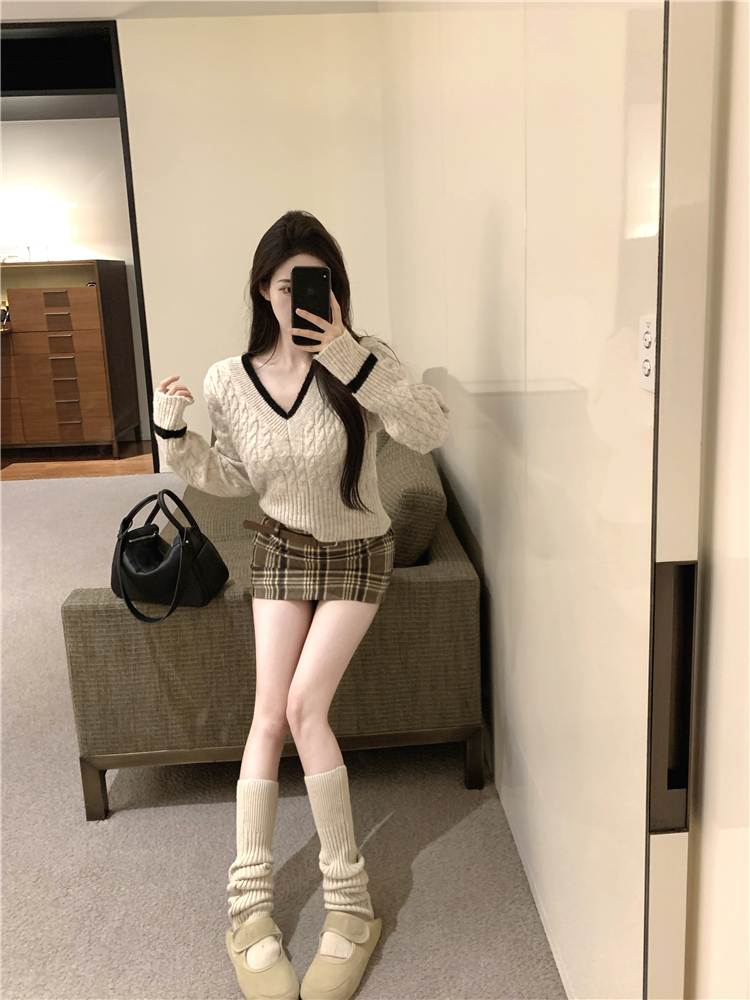 Mixed colors sweater plaid tops 2pcs set for women