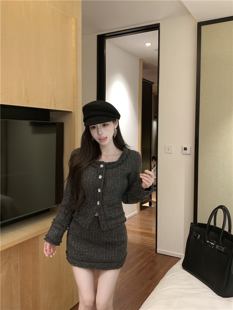 Burr skirt square collar coat 2pcs set for women