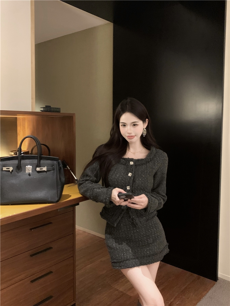 Burr skirt square collar coat 2pcs set for women