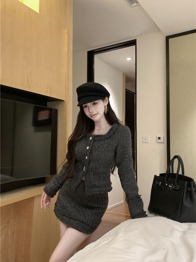 Burr skirt square collar coat 2pcs set for women