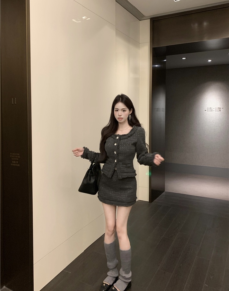 Burr skirt square collar coat 2pcs set for women