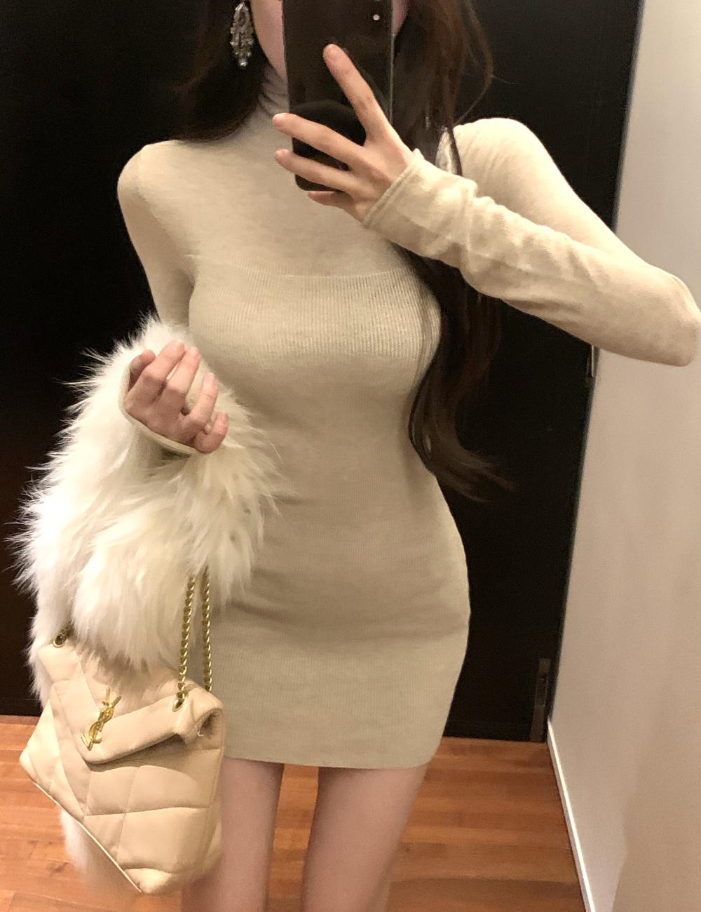 Bottoming slim knitted high collar pinched waist dress