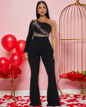 Shoulder long sleeve flare pants rhinestone fashion jumpsuit