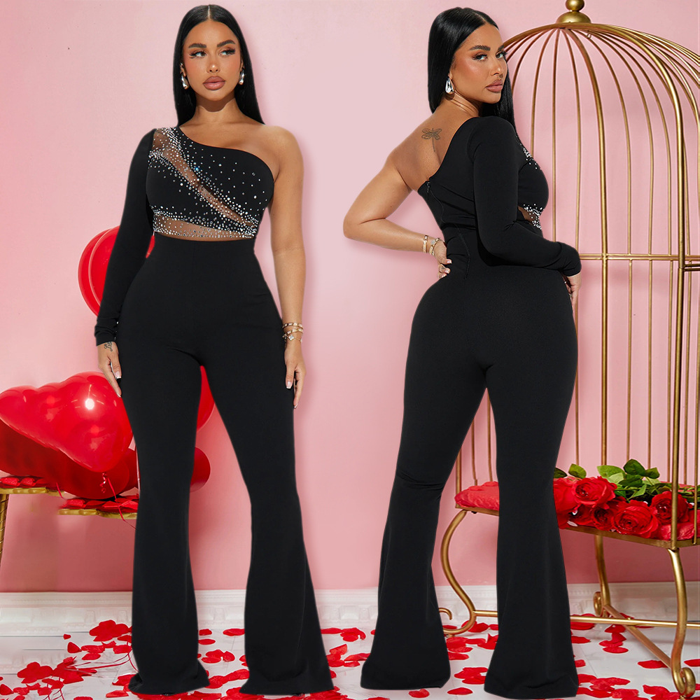 Shoulder long sleeve flare pants rhinestone fashion jumpsuit