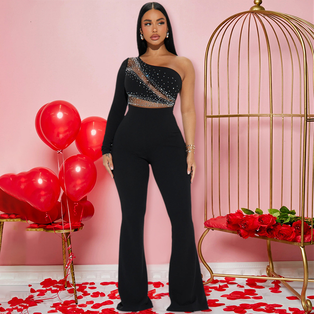 Shoulder long sleeve flare pants rhinestone fashion jumpsuit