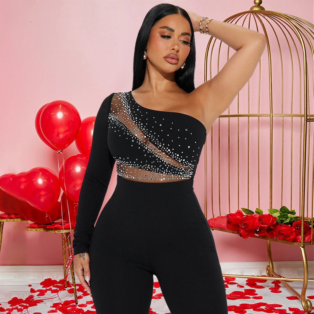 Shoulder long sleeve flare pants rhinestone fashion jumpsuit